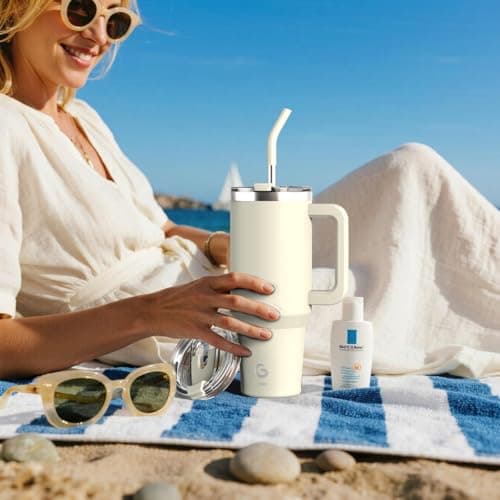 BIGRD Insulated Coffee Cup Travel Mug with Handle and Straw 40oz,Stainless Steel Double Wall Vacuum Leak Proof Water Bottle for Cold Hot 1.2L,BPA-Free,Beige — view 4