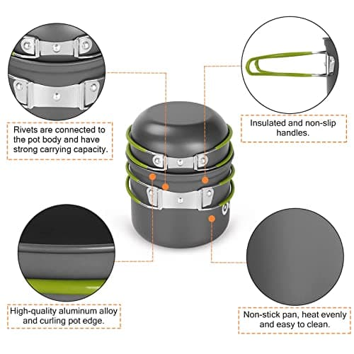 13pcs Outdoor Camping Cookware Stove Mess Kit,Camping Pot and Pan Set with Mini Backpacking Stove,Stainless Steel Cup, Knife Fork and Spoon Set for Backpacking, Camping Hiking and Picnic — view 3