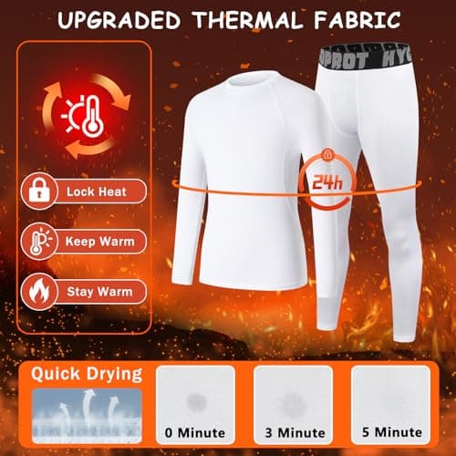 HYCOPROT Youth Boys Thermal Underwear Set Kids Long Johns Base Layer Fleece Lined Compression Shirt Leggings Pants Girls Thermals Winter Top and Bottom Sets Children's Warm Cold Weather Gear White — view 2