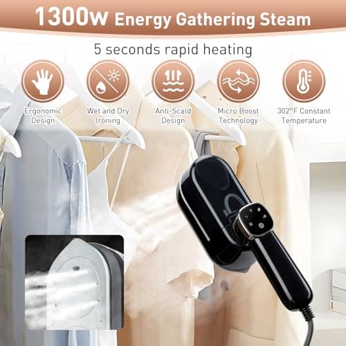Travel Steamer for Clothes， 4-Speed Steam Adjustable Handheld Iron with LCD Display Screen, 5S Rapid Preheating 1300W Clothes Hanging Ironing Machine, Suitable for Home, Dormitory & Travel (Black) — view 2