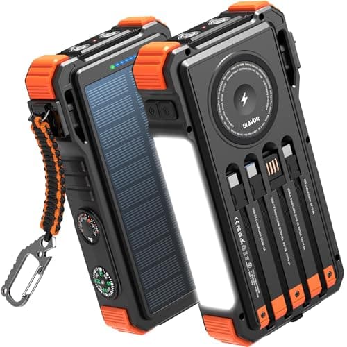 BLAVOR Solar Power Bank with Built in Cable 20000mAh Fast Charging Portable Charger, 20W USB C Battery Pack for Mobile Phones with Camping Light, Flashlight, Wireless Charging for Apple Watch
