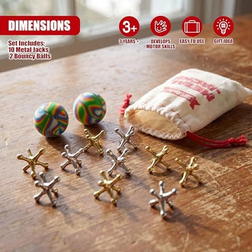 The Magic Toy Shop Retro Jacks Game Set with Balls - Classic Knucklebones Fivestones with 10 Metal Pieces & 2 Bouncy Balls, Traditional Skill Toy - Travel Play, Party Bag Fillers, Kids & Adults — view 4