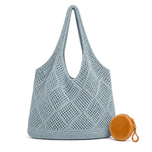 Large Beach Bag for Women, Light Blue Tote and Round Pouch, 2-Piece Set