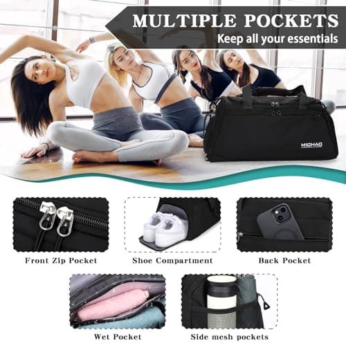 Large Gym Bag Duffle Bag with Shoes Compartment for Women Men, Black — view 3