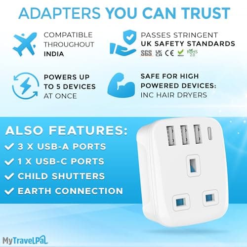 MyTravelPal UK to India Plug Adapter with USB C | British Safety Standards — view 3