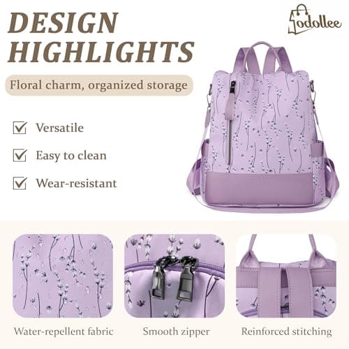 SODOLLEE Backpack Womens Anti Theft – Floral Small Rucksack Bag, Lightweight Water-Resistant Back Pack for Work, Travel & Holiday Lavender — view 4