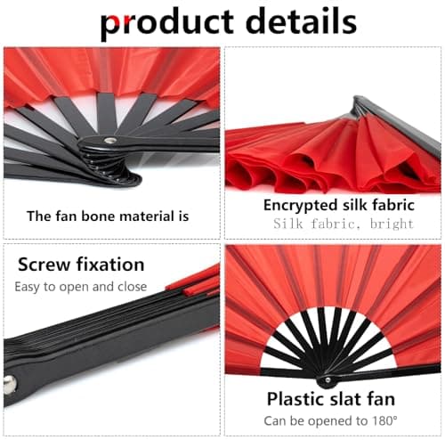HeHeGe Large Folding Hand Fan Hand Folding Fans Chinese Tai Chi Folding Fan for Men and Women Performance, Dance, Line Dancing，Decorations, Festival, Gift (Red) — view 5