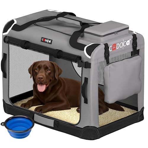 CADOCA Dog Crate Carrier, Car Foldable Travel Cage + Bowl, XXL Light Grey