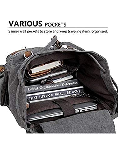 Vintage Unisex Casual Leather Backpack Canvas Rucksack Bookbag Satchel Hiking Backpack Travel Outdoor Shouder Bag (Grey) 27.9 x 16 x 41.9 cm — view 5