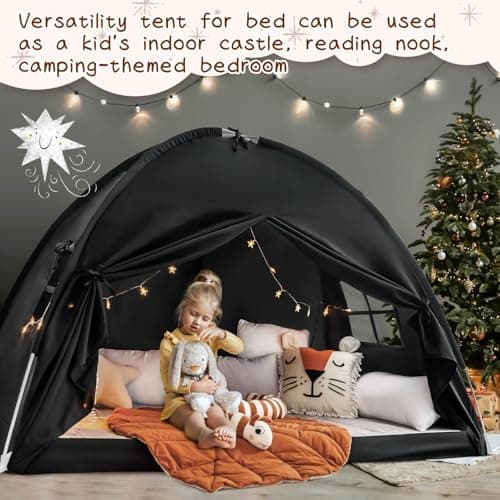 Full Size Bed Canopy Bed Tents Dream Tent on Bed Privacy Space Blackout Sleeping Tents Indoor Breathable Portable Cottage Drafty Room Floor Bed Tents (Large Black) — view 6