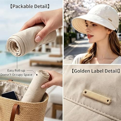 Trendy Wide Brim Sun Hat,UPF 50+ UV Protection Cap for Ponytails, Adjustable Packable Visor Cap for Hiking Golf (Beige) — view 5