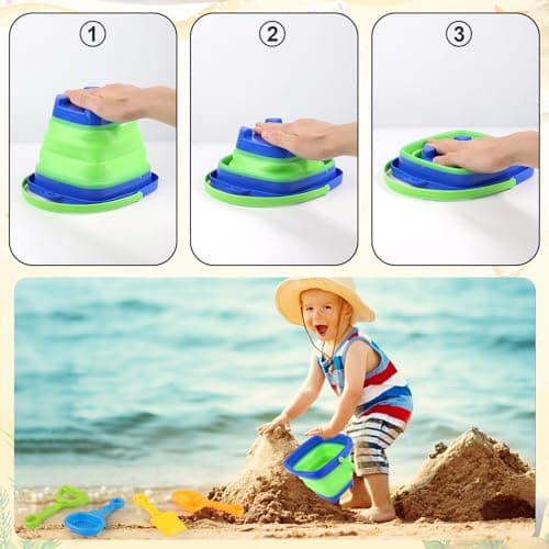 NQEUEPN 6pcs Beach Toys Set, Collapsible Bucket with 4 Shovels Sand Toys & Mesh Bag Foldable Portable Travel Beach Bucket Sand Toys for Kids Boys Girls Fun Summer Beach Party Activities (Blue) — view 4
