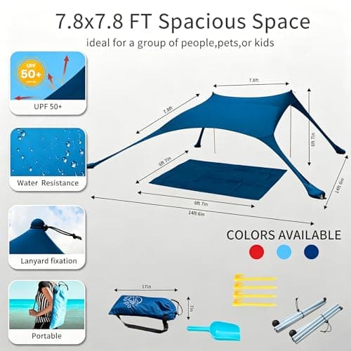 Cuupo Beach Tent Pop Up 2x2.1m UPF 50 Lycra Sun Protection Outdoor Anti-Wind Sun Protection with Stability Poles Backyard with Beach Blanket Petrol Blue — view 6