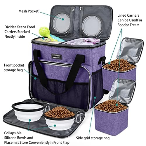 BAGLHER Dog Travel Bag, Pet Travel Bag (ALL Pet Travel Supplies), With 2 Pet Food Containers and 2 Collapsible Silicone Bowls; Essential Kits for Pet Travel Purple — view 5