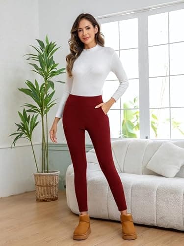 CrystErzoix Fleece Lined Leggings Women High Waisted Thermal Leggings Thick Ladies Sports Yoga Leggings Winter Warm with Pockets, Wine Red M — view 2