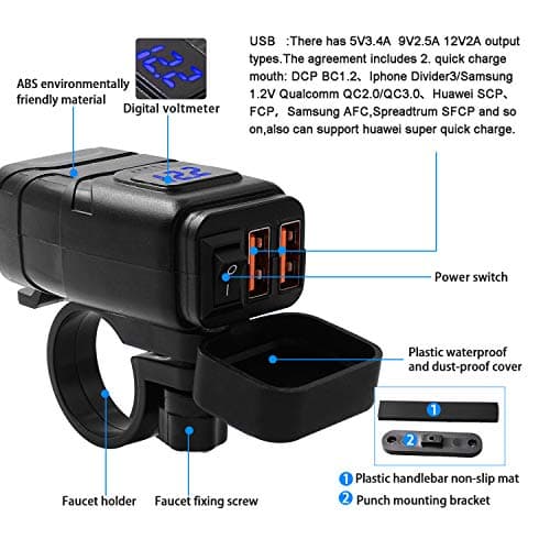 Beedove Motorcycle USB Charger, QC3.0 Quick Charge 12v USB socket, with Voltmeter Display and Switch Waterproof Motorbike Phone Charger for Motorbike/Car/Boat/Campervan/Caravan (Blue) — view 3