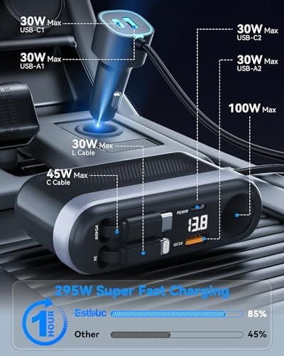 Estbuc 7-in-1 295W Retractable Car Charger Adapter, Fast Charging USB C Car Accessories with Cigarette Lighter Splitter, 45W Type-C & 30W Lightning Cables,4 USB Ports, Road Trip Tech Gifts for Men/Dad — view 2