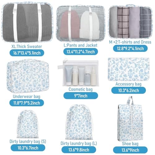 10pcs Packing Cubes for Suitcases, Travel Organiser Packing Bags for Clothes Shoes Toiletries Travel Luggage Organizers Storage Bags (blue flower) — view 2