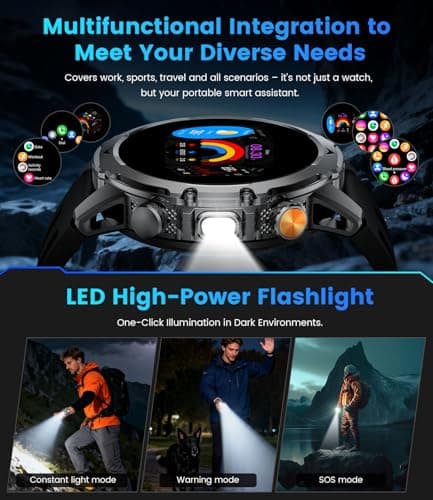 FitVigor Military Smart Watch for Men, 1.53" Fitness Tracker with 1000 mAh Ultra-Long Battery/Flashlight/Bluetooth Calling/Health Monitor / 120+ Sports Modes / IP68 Waterproof for iOS Android, Black — view 4