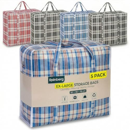 Rainberg 5 PACK EXTRA LARGE Storage Bags, 60 x 60cm Strong and Durable Holds up to 30kg, Reusable Laundry Bags with Double Zips, Ideal for Laundry, Moving House, Clothing & Wardrobe Storage