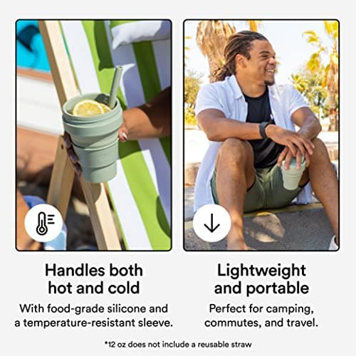 STOJO On-The-Go Collapsible Coffee Cup - 12oz / 355ml - Reusable & Foldable Silicone Travel Mug with Lid - Portable, Pocket Size - Dishwasher Safe - Sage — view 3