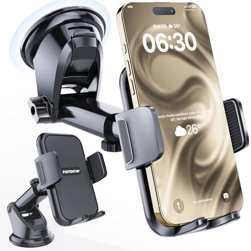PORTENTUM Car phone holder with reinforced suction base – New 2026 version – 360° Rotation and extendable arm – Dashboard and windscreen mounting – Compatible with any phone 4–7.5"