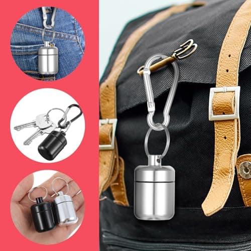 YUXIANLB 2 Pack Ear Plug Carrying Case Keychain, Waterproof Metal Earplug Case with Carabiner for Ear Plugs, Small Travel Pill Organizer Loops Earplugs Cases Keychain Container Holder (Silver, Black) — view 6