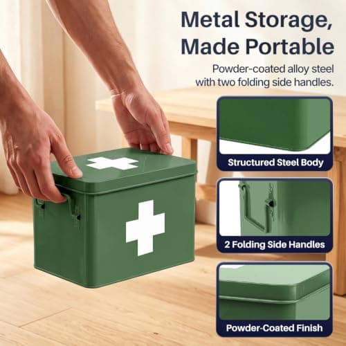 Flexzion Large Metal First Aid Box Empty, 8.5-Inch, Green with White Cross — view 5
