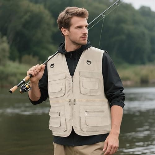AOTORR Men’s Fishing Vest Casual Outdoor Work Safari Fishing Photo Cargo Vest Summer Jacket With Multi Pockets Light Khaki M — view 2