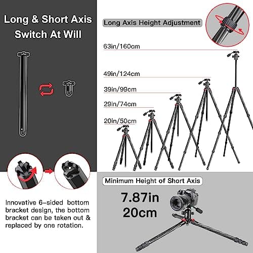 Carbon Fiber Camera Tripod Manbily 63" Lightweight Tripods with Detachable Handle Monopod for Travel with 360° Ball Head 36mm, Portable Compact for DSLR Cameras Camcorders Video Phone Canon Nikon Sony — view 2