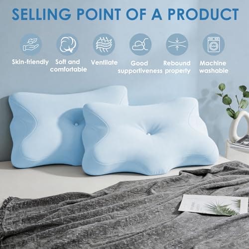 Cervical Pillowcase for Butterfly Shaped Memory Foam Neck Support Pillows, Breathable Ergonomics Pillow Cover with Zipper, Replacement Case for 63x42.5cm Sleeping Pillows (Cover Only)(Sky Blue) — view 4