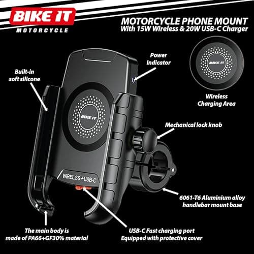 BIKE IT Compact Motorcycle Mobile Phone Wireless Charger Holder, USB-C, Universal Phone Fitment, IP66 Waterproof, 360-Degree Rotation, 15W Quick Charge, Motorbike Scooter Cellular Mount — view 4