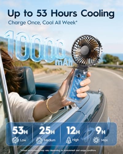 Funme Handheld Fan, Portable Fan 10000mAh with Power Bank, 53H Max Runtime, 4 Speeds Cooling Fan with 3.5-inch Large Blades, 180° Foldable Personal Fan for Outdoor Camping Travel Office - Black — view 2