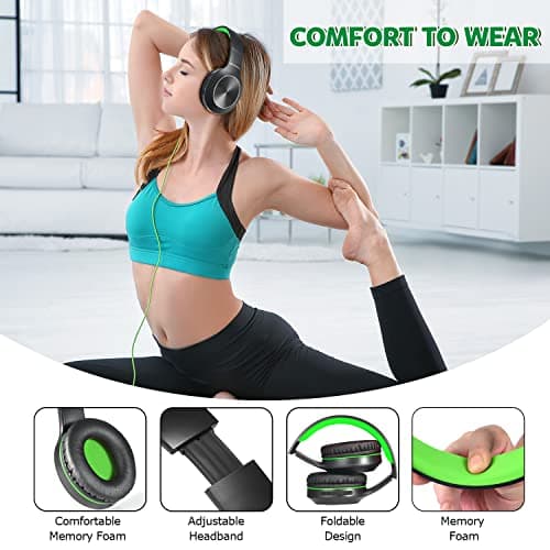 Rydohi Bluetooth Headphones Over Ear, 68H Playtime and 3 EQ Music Modes Wireless Headphones with Microphone/Deep Bass, HiFi Stereo Foldable Lightweight Headset for PC Home Travel Office (BLACK-GREEN) — view 4