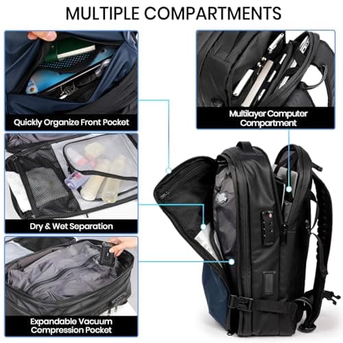 H.yeed Vacuum Backpack Travel Bag with Pump, Expandable 60L Travel Rucksack with USB/Type-C Charging Port&TSA Lock, Waterproof Lightweight Business Laptop Backpack, Fits 17.3 Inch Laptop-Dark Blue — view 2