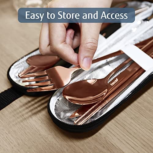hecef Cutlery Set, 10 Pieces Travel Camping Cutlery Reusable Stainless Steel Cutlery and Organiser - Cutlery Set with Fork, Spoon, Knife etc. (Rose Gold) — view 6