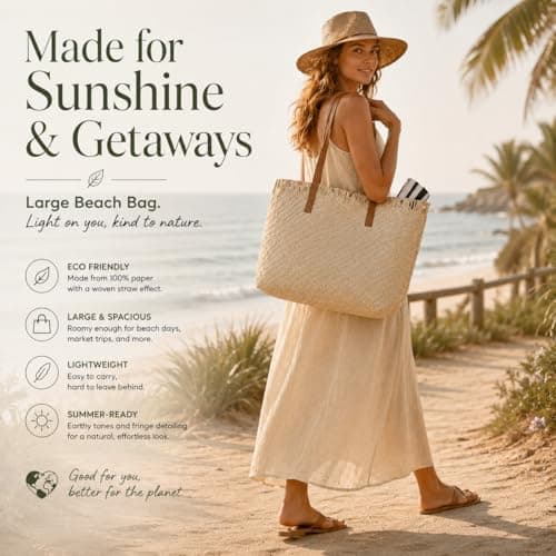 Woodland Leathers Womens Beach Bag, Large Paper Straw Beach Bag, Woven Summer Tote Shoulder Shopper Handbag with PU Leather Straps Lightweight Open Top Holiday Bag (Navy, Large) — view 3