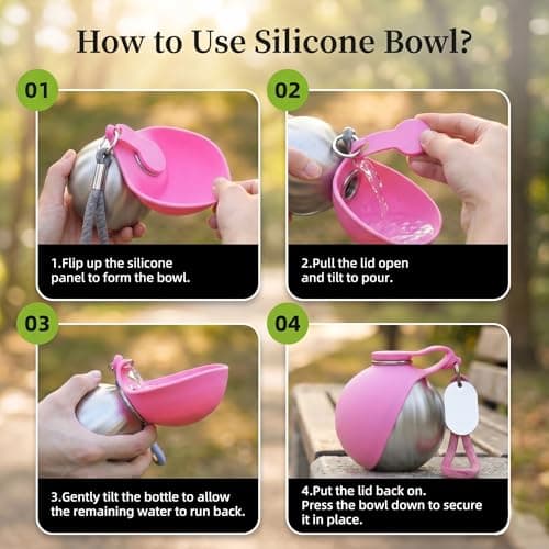 Portable Dog Water Bottle, 2-in-1 Stainless Steel Dog Water Bottle with Foldable Silicone Bowl, Leak Proof Pet Water Dispenser for Walking, Hiking, Travel & Small Dogs, 285ml, Pink — view 6