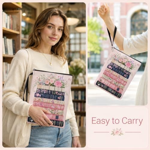 Floral Book Sleeve Pouch, Washable Fabric Cloth Book Cover Bag with Zipper and Extra Pocket, Portable Notebook Protector for Kindle, Textbook, Gift for Reading Lovers Women Friend — view 5