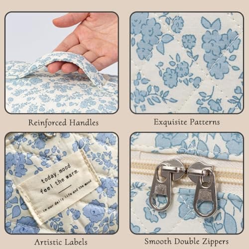 Aucuu 3PCS Coquette Makeup Bag, Quilted Makeup Bag for Women, Floral Cotton Cosmetic Bag Set, Large Capacity Aesthetic Floral Toiletry Bag, Travel Toiletry Bag, Wash Organizer Pouch for Women Girls — view 4