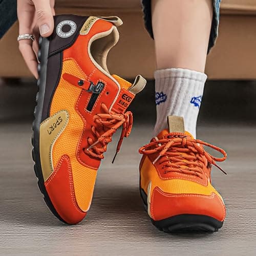 Mens Retro Colour Block Trainers Lace Up Low Top Round Toe Breathable Mesh Leather Upper Soft Cushioned Sole Lightweight Non Slip Easy On Off All Season Walking Shoes for Outdoor Hiking Travel Orange — view 3