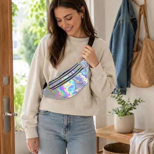 Fashion Metallic Bum Bag,Holographic Waist BagFanny Double Zipper Belt Bag Festival Rave Bumbags Waterproof Hip Pouch for Women Ladies Girls Travel Party Festival Sports Outdoor (Silver) — view 3