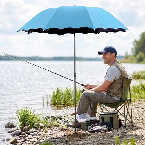 Ameble Folding Travel Rain Umbrella with UV Protection, Adjustable Height & Ground Stake Plant Umbrella for Garden, Fishing, Beach, Sun Shade, Blue — view 4