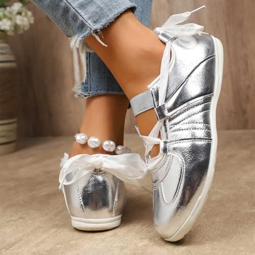 Women Shoe,Ladies Trainers,Fashion Solid Color Low Top Casual Shoes Comfortable Daily Walking For Ladies Breathable Slip On Loafers (Silver, 4.5) — view 3