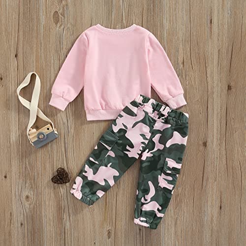 WWAYBEI Toddler Girls Clothes 1-6 Years Spring Fall Outfits Baby Letter Long Sleeve Pullover Sweatshirt Camouflage Pants Set (A# Pink, 4-5 Years) — view 4