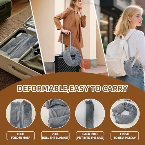 Travel Pillow/Blanket 2-in-1,Portable Blanket Neck Pillow for Airplane Gray — view 4