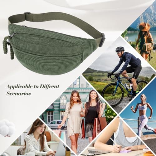 Aucuu Corduroy Waist Bag, Corduroy Bumbag, Women's Shoulder Bag, Belt Bags, Fashion Sports Chest Bags with Adjustable Shoulder Straps, Waist Pack for Daily Use, Outdoor Sports, Hiking, Travel（Green） — view 6