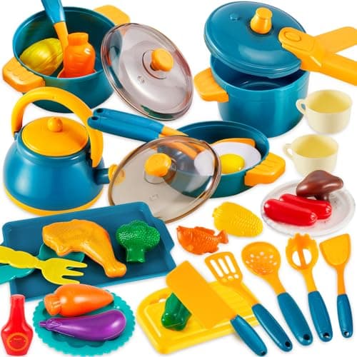 LINFUN KIDS Mud Kitchen Accessories Toy Pots and Pans Play Food Cooking Set