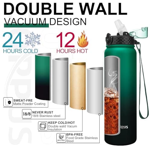 GOPPUS 1L/32oz Stainless Water Bottle with Straw Double Wall Insulated Bottles with Strap Reusable Vacuum Thermal Flask Leakproof Keep Cold Drinks Bottles with Flip Top Lid BPA Free (Green Black) — view 5