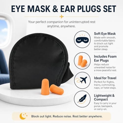 MAR Sleep Eye Mask & Ear Plugs Set – Black Travel Sleeping Mask with Soft Foam Ear Plugs – Light & Noise Blocking Sleep Set for Flights, Travel, Shift Work & Home — view 3